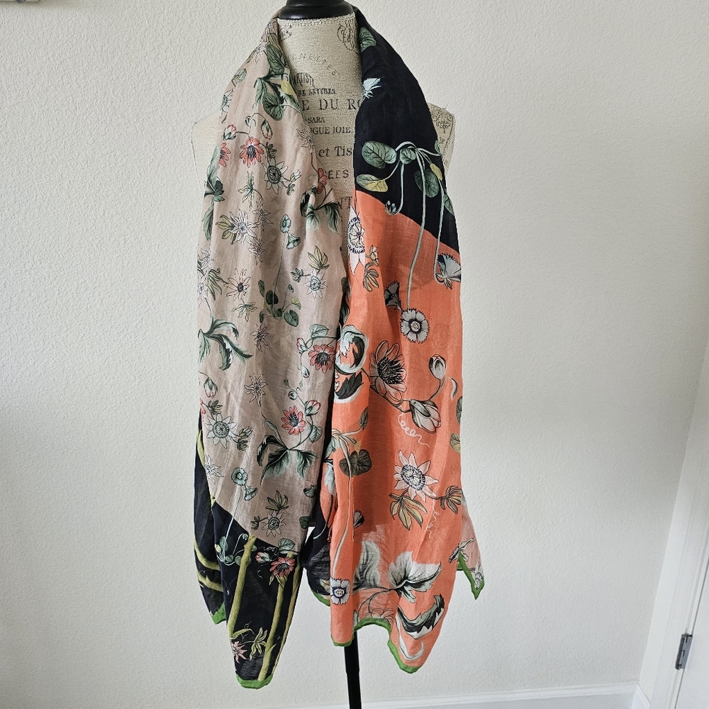 Anthropologie Style Split Print Floral Scarf Oversized Botanical Wrap